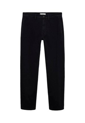 Black cotton pants with straight legs, feature front pockets, a zip fly, and belt loops. Smooth texture with a minimal design.