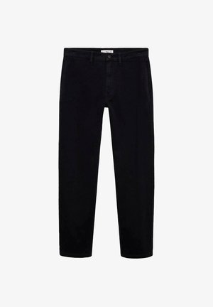 Pantaloni negri din bumbac cu picioare drepte, dotati cu buzunare frontale, fermoar și bucle pentru curea. Textură netedă cu un design minimalist.