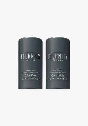 To cylindriske, mørkegrå deodorantstænger mærket "ETERNITY for men" med hvide tekster. Alkoholfri, hver indeholder 75 g (2,6 oz).