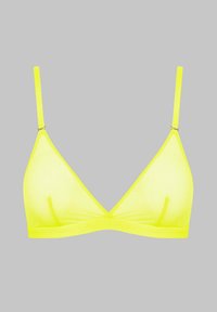 Neon yellow triangle bralette made from smooth fabric, featuring adjustable straps and no padding for a minimalist design.