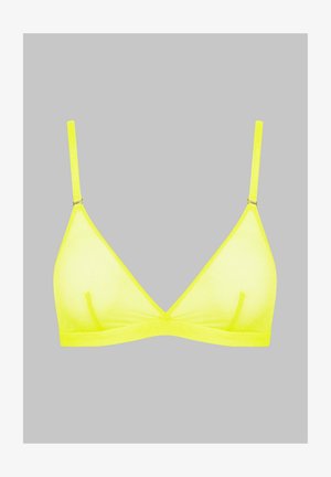 Neongelbes dreieckiges Bralette aus glattem Stoff, mit verstellbaren Trägern und ohne Polster für ein minimalistisches Design.