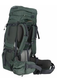 Grüner Outdoor-Rucksack mit mehreren Fächern, gepolsterter Netzrückenstütze, verstellbaren Trägern und einem Oberlade-Design.