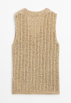 Veste beige sans manches en maille avec un motif ajouré vertical et un col rond, montrée à plat de dos.