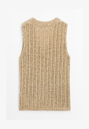 Ærmeløs beige strikket vest med vertikalt hulmønster og rund halsudskæring, vist fladt bagfra.