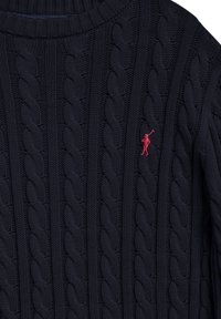 Pull en maille bleu marine avec motif torsadé et petit logo rouge brodé représentant une personne tenant un maillet de polo à l'avant.