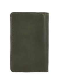 Portafoglio verde in pelle con una superficie liscia, forma rettangolare e bordi cuciti. Non presenta hardware o motivi visibili.