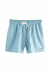 Shorts de bain bleu clair en tissu lisse avec une taille élastique et un cordon blanc, ornés d'un petit logo de palmier noir.
