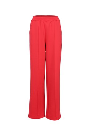 Rode broek met wijde pijpen, elastische tailleband en zijzakken, voorzien van gestikte voorplooien en omgeslagen zoom.