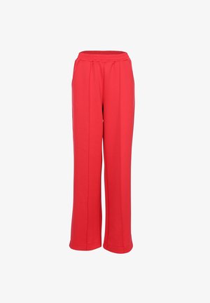 Rode broek met wijde pijpen, elastische tailleband en zijzakken, voorzien van gestikte voorplooien en omgeslagen zoom.