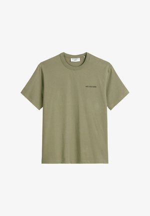 Olive green t-shirt made of cotton, featuring a round neckline and short sleeves. Black text "MARC O'POLO DENIM" on the left chest.