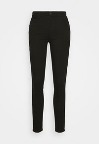 Jeans skinny neri realizzati in un tessuto di cotone elasticizzato. Presentano una vita alta, una vestibilità slim, passanti per cintura e tasche anteriori e posteriori.