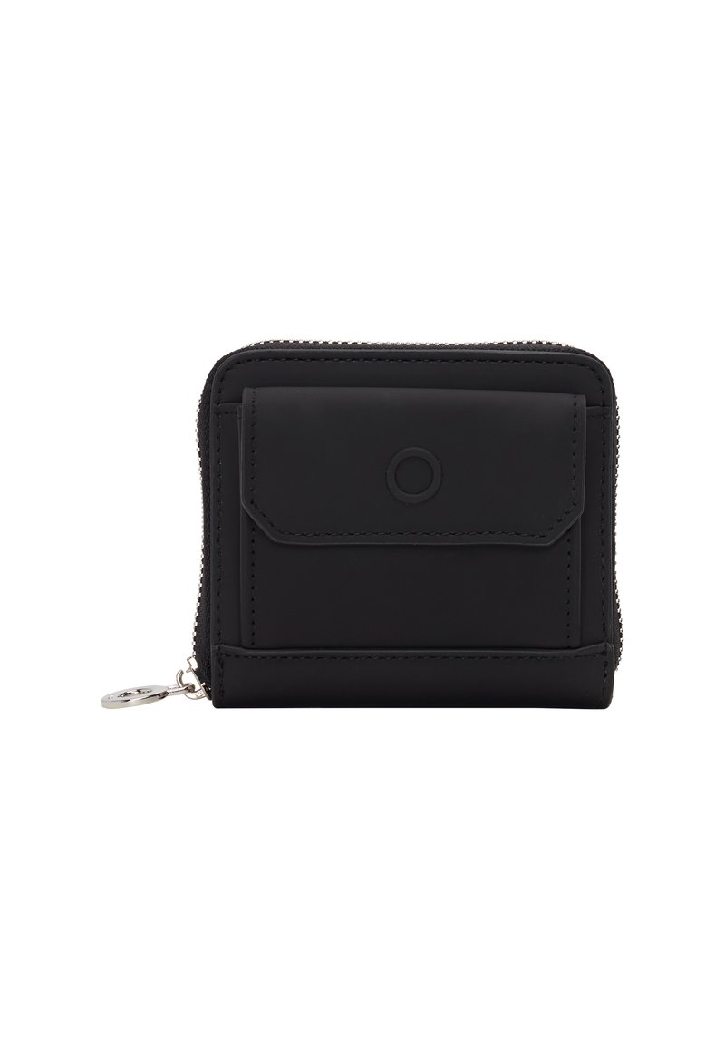 Portafoglio in pelle nera con chiusura a zip, tasca frontale e dettaglio logo circolare. Presenta una superficie liscia e cuciture ordinate.