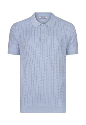 Light blue polo shirt made from a textured knit fabric featuring a cable pattern, short sleeves, three-button placket, and ribbed cuffs.