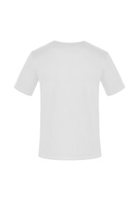 Kurzärmliges weißes Baumwoll-T-Shirt mit Rundhals, glatter Textur und ohne sichtbare Grafiken oder Muster, von hinten betrachtet.