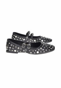 Scarpe Mary Jane nere, piatte, con doppie cinghie a fibbia, decorate con borchie argentate e strass rotondi su tutta la superficie.