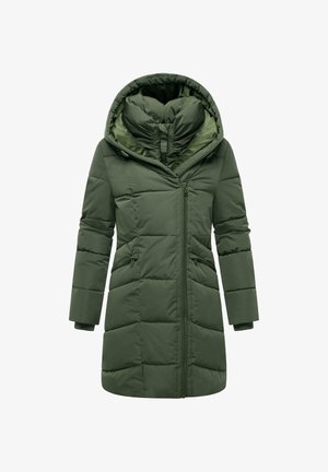 Zöld, steppelt, közepes hosszúságú átmeneti kabát kapucnival, cipzárral, két oldalsó zsebbel és bordázott mandzsettákkal. Sima anyag, matt felülettel.