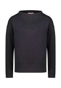 Sweat-shirt noir avec un col large, des manches longues tombantes et une coupe courte. Confectionné dans un matériau doux avec une texture lisse.