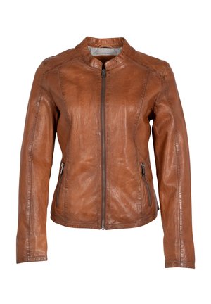 Bruine leren jas met een staande kraag, ritssluiting aan de voorkant en twee zijzakken met rits. Gladde textuur en een getailleerd ontwerp.