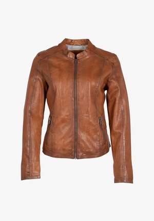 Giacca in pelle marrone con colletto alzato, chiusura frontale con zip e due tasche laterali con zip. Texture liscia e design aderente.