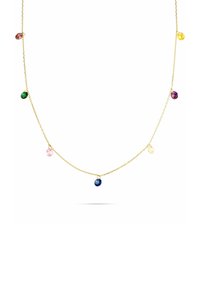 Collana in oro con pietre ovali di colori rosso, verde, rosa, blu, giallo, viola e trasparenti disposte in modo uniforme.