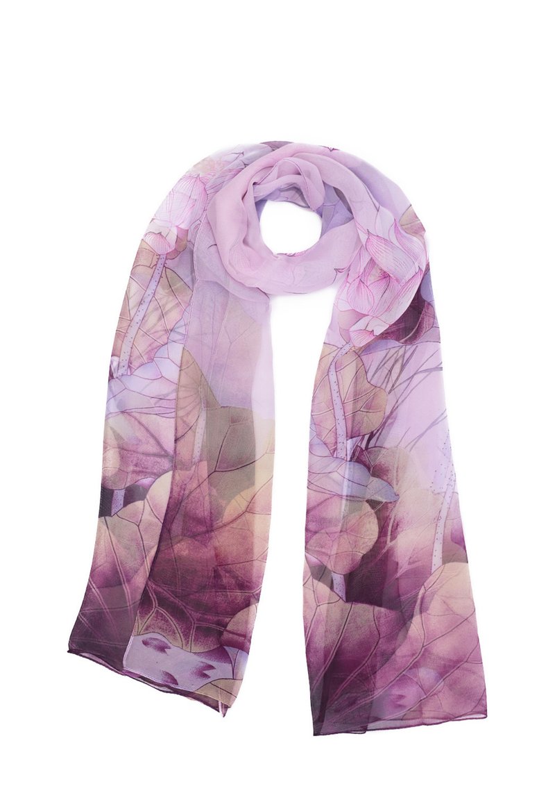 Sciarpa a fantasia floreale viola realizzata in un tessuto leggero, caratterizzata da trame morbide, sfumature variabili di lavanda, rosa e sottili contorni di foglie.