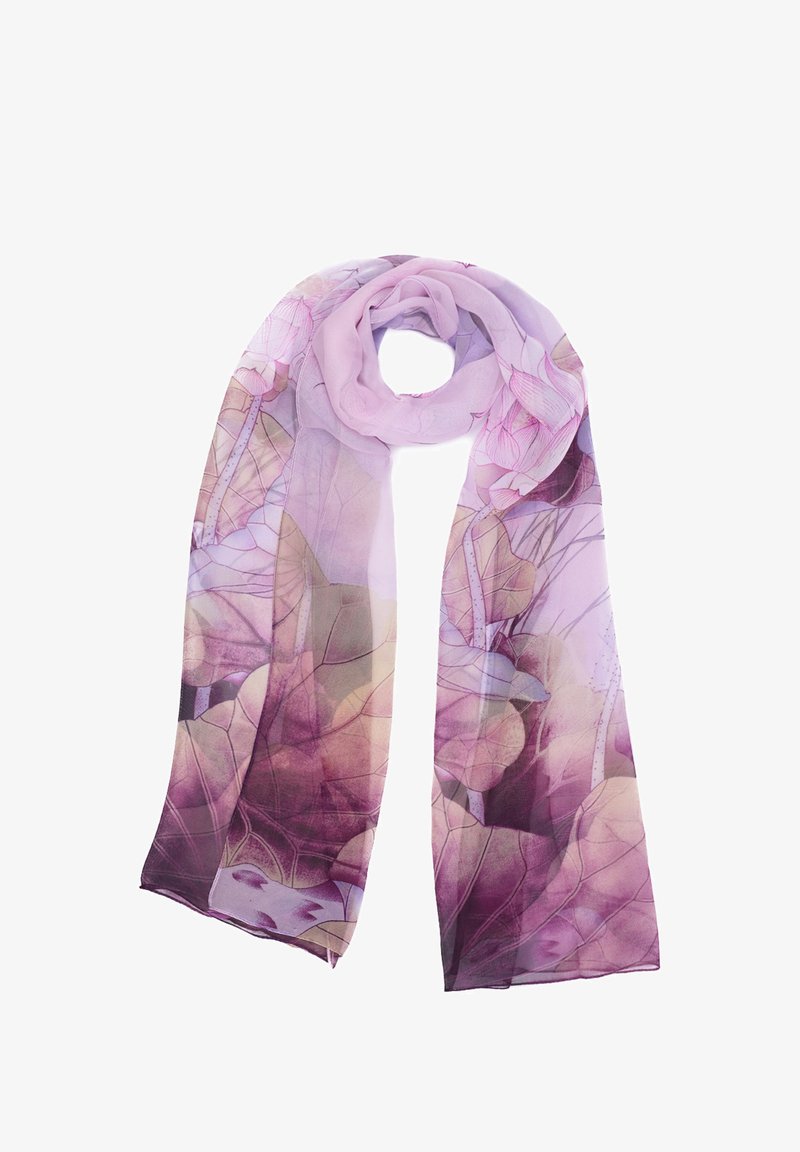Sciarpa a fantasia floreale viola realizzata in un tessuto leggero, caratterizzata da trame morbide, sfumature variabili di lavanda, rosa e sottili contorni di foglie.