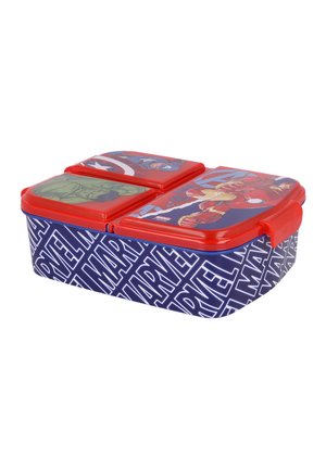 Plastic lunchbox met een blauwe body en een rode deksel. Bevat graphics van Marvel-personages en een gestileerd design. Drie compartimenten met kliksluitingen.