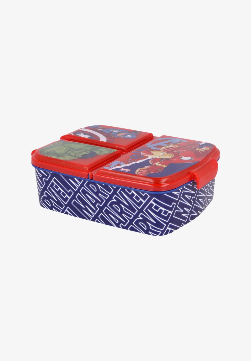 Plastic lunchbox met een blauwe body en een rode deksel. Bevat graphics van Marvel-personages en een gestileerd design. Drie compartimenten met kliksluitingen.
