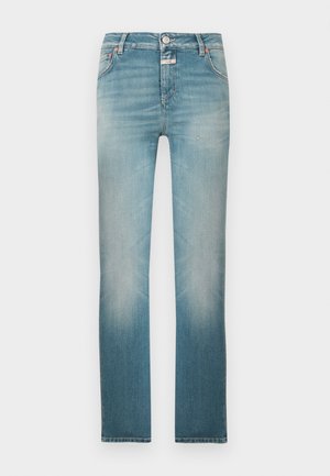 Light blue denim jeans with a straight cut, faded finish, five pockets, and a metal button closure at the waist.
