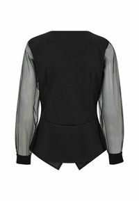 Sort top med en struktureret buste og gennemsigtige, lange meshærmer. Bagpå har den en buet kant og ingen synlige lukninger.