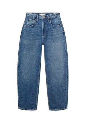 Jeans o wysokim stanie w niebieskim kolorze z prostą nogawką, posiadające pięć kieszeni, szlufki na pasek oraz subtelne przetarcia dla dodatkowej tekstury.