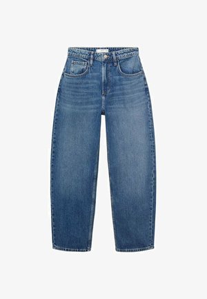 Hochgeschnittene blaue Jeans aus Denim mit geradem Schnitt, ausgestattet mit fünf Taschen, Gürtelschlaufen und subtiler Ausbleichung für zusätzliche Textur.
