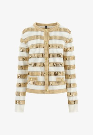 Kardigan w poziome beżowe i białe paski, złote cekiny, złote guziki oraz dwie małe przednie kieszenie. Prążkowana struktura.