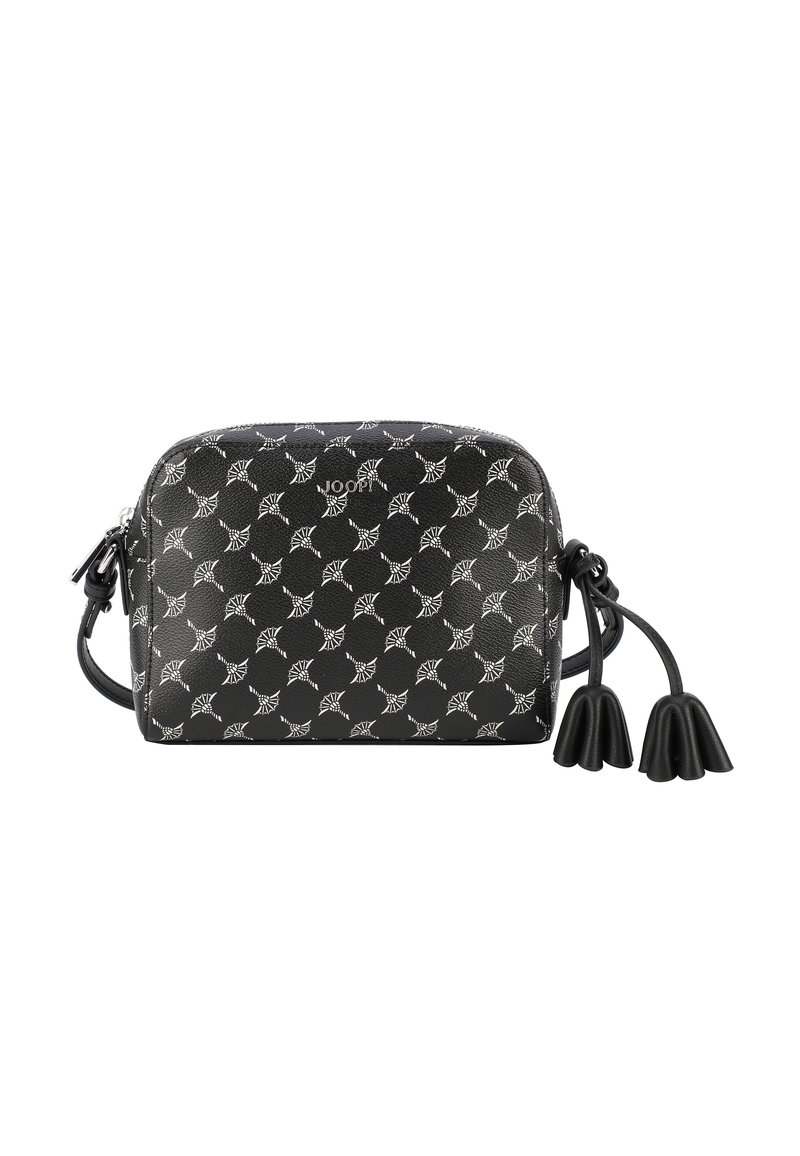 Borsa a tracolla nera con finitura lucida, caratterizzata da un design a motivi bianchi, chiusura con zip e due accenti di frange nere.