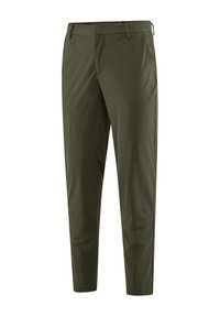 Pantaloni verde oliva realizzati in tessuto leggero. Vestibilità slim con frontale piatto, passanti per cintura, tasche laterali e una texture morbida.