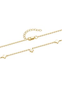 Goldene Kettenarmband mit mehreren kleinen blumenförmigen Akzenten, einem Karabinerhaken und einem verstellbaren Verlängerungselement zur Anpassung der Größe.