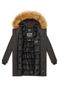 Parka acolchada negra con capucha de pelo sintético marrón desmontable. Cuenta con cierre de cremallera, puños acanalados y forro interior acolchado con bolsillos.