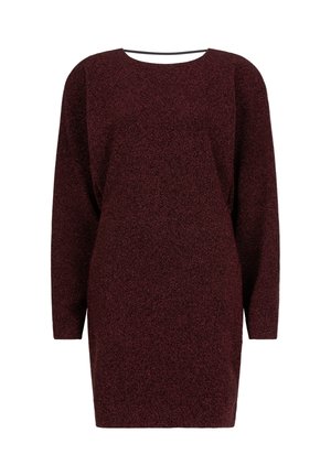 Bordeauxrotes Langarmkleid mit strukturierter Oberfläche, rundem Ausschnitt, entspanntem Sitz und geradliniger Silhouette. Minimalistisches Design, keine sichtbaren Verschlüsse.