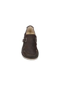 Brown suede slip-on shoe with a rounded toe, stitched detailing, side strap with a buckle, and a textured rubber sole.