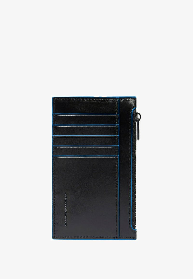 Schwarzes Lederportemonnaie mit blauen Nähten, ausgestattet mit mehreren Kartenfächern und einem seitlichen Reißverschlussfach für Münzen oder kleine Gegenstände.