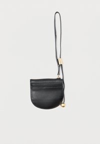 Black leather pouch with a rounded shape, zip closure, credit card slot, and a detachable strap, featuring a gold hardware accent.