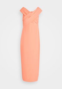 Peach-colored, sleeveless dress with a twisted bodice design; falls just below the knee; smooth fabric texture with a fitted silhouette.