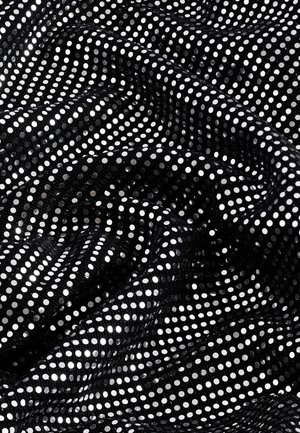 Black fabric featuring a pattern of white circular sequins, creating a textured and reflective surface with folds and drapes.