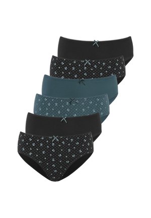 Five women's cotton briefs in black and teal, with solid colors and floral patterns, each featuring a small decorative bow on the waistband.