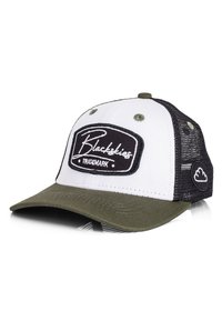 Gorra blanca y verde oliva con un parche de logo bordado negro, lados de malla y visera curva, con puntos de acento verdes en la parte superior.