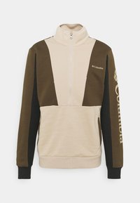 Felpa mezza zip in beige, verde oliva e nero. Presenta un collo alto, un design con pannelli a contrasto e il logo sul petto e sulla manica.