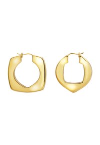 Náušnice ve zlatém tónu ve tvaru kruhu, obsahující čtvercovou a zaoblenou část, hladký povrch s leštěným finišem, lehký design.