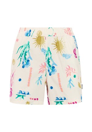 Witte korte broek met een kleurrijke, abstracte print met zee-thema elementen in blauw, roze, groen en goud. Elastische tailleband, casual design.