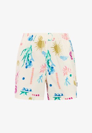 Witte korte broek met een kleurrijke, abstracte print met zee-thema elementen in blauw, roze, groen en goud. Elastische tailleband, casual design.