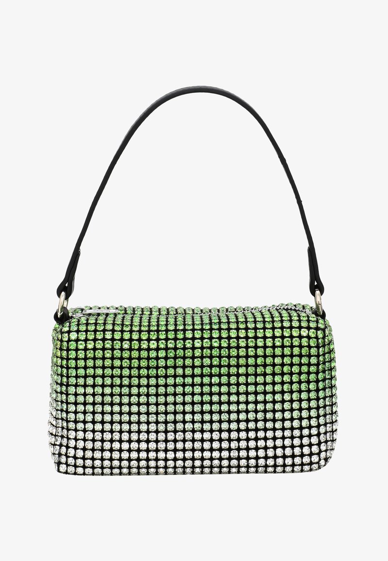 Zöld és ezüst strasszos kézitáska téglalap alakú, fekete pánttal és csillogó, texturált felülettel. Cipzáras záródással rendelkezik.